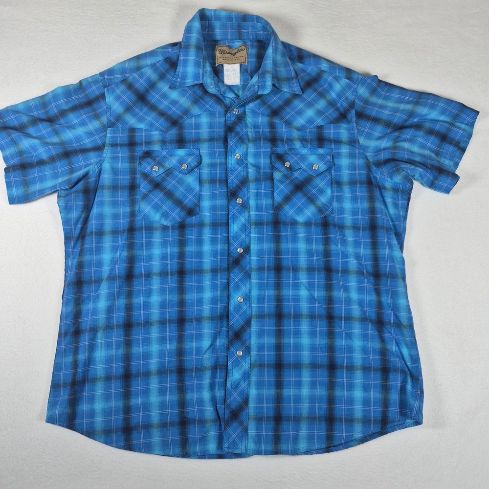 Wrangler Mens Western‎ Fashion Snap Shirt Blue Plaid Ombre Short Sleeve XXL
